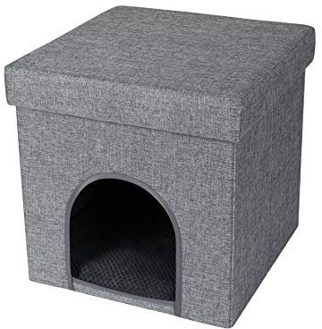 Wouapy – Katzenkiste „Le Hocker“ – Spiel- und Ruheplatz aus meliertem Stoff – Versteck für die Katze ruhig – komplett zusammenklappbar – Einheitsgröße