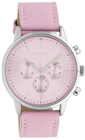 Oozoo Damenuhr Chrono Look mit Lederband 40 MM Silberfarben/Rosa C10595