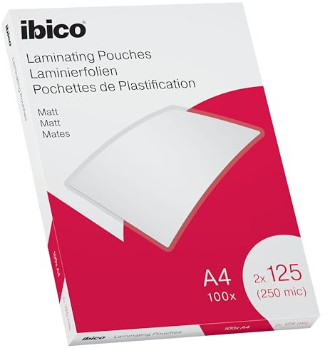 Ibico Laminierfolien A4 Matt 250 Mikron (2 x 125 mic), 100 Stück, Beschriftbare Heißlaminierfolien, Abgerundete Ecken, Ideal für Schule oder Büro, 627323
