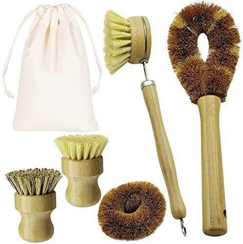 5 Pieces Bamboo Dish Brush Set for Eco-Friendly Home - Wooden Dish Scrubbers, Sustainable Kitchen Cleaning Set, Natural Bristle Dish Brushes for Pots Pans Bottles