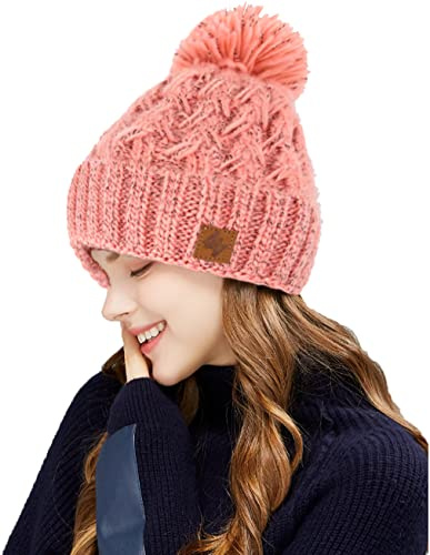 4sold Womens Beanie Warm Winter Corkscrew Cable Knitted Bobble Hat Plain Ski Pom Wooly Cap Pink White