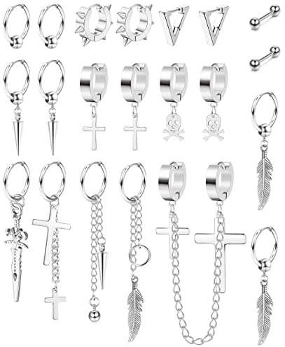 MILACOLATO 21 st 316L rostfritt stål cirkel örhängen för män kvinnor gotiska punk hänge kedja örhängen kpop blad örhängen cross örhängen set unisex, Rostfritt stål