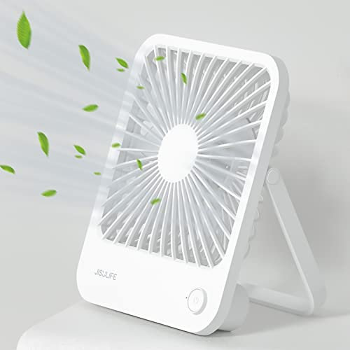 JISULIFE Small Desk Fan, 4500mAh Rechargeable Battery Powered, 180°Foldable Portable USB Fan, 4 Speeds Adjustable, Silent Powerful for Home Office Travel Outdoor-White