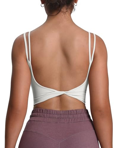 Aoxjox Dam träning sport BH fitness vadderad rygglös yoga magtröja snurrad rygg cami, Vitt, S