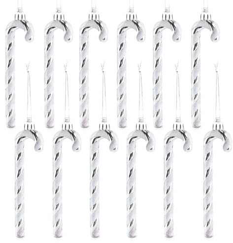 Zuckerstangen Weihnachtsbaum, 12 Stück Zuckerstange Deko, Weihnachtsdeko Zuckerstangen Anhänger zum Weihnachtsbaum mit Kordel,Glitzernd Silber,13 cm
