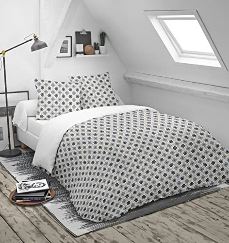 Blanrêve – Edredón Estampado o Liso, Templado – para Cama de 1 Persona – Fácil Cuidado – 140 x 200 cm – Blanco/Gris – Fabricado en Francia