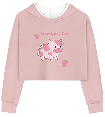 DISNIMO Flickor magtröja, huvtröja, storlek 5-14, barn och ungdom, långärmad huvjacka, huvtröja, pullover, Jordgubbe ko, 13-14 Years