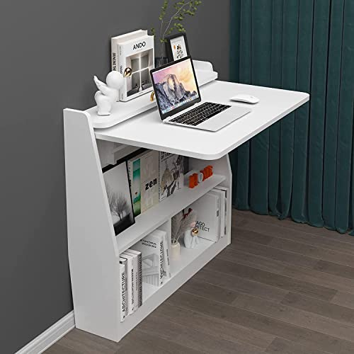 Pmnianhua - Escritorio de pared abatible, escritorio de pared de madera multifuncional, con estantes de almacenamiento, estación de trabajo de mesa de oficina en casa, blanco