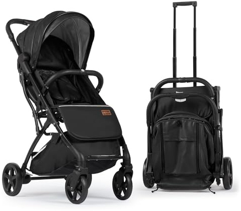 Baby Pushchair Stroller– Lightweight Foldable Travel Buggy with 5-Point Harness, Adjustable Seat Back and Oversize Basket Folds with 1 Hand – Smooth Swivel Wheels Rain Cover (Black Leather)