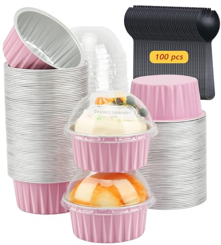 LNYZQUS 5oz Cupcake Pans with Dome Lids 100 Pack, Aluminum Foil Small Cake Baking Tin,Disposable Ramekins Cupcake Baking Cups Containers,Mini Pie Pans Muffin Tins Jumbo Cupcake Liners-Pink
