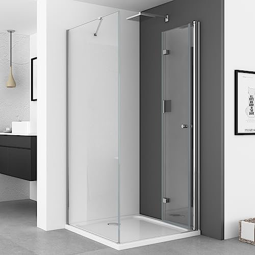 IMPTS Duschkabine 120 x 90 cm Duschtür Falttür mit 90cm Seitenwand Duschabtrennung 6mm ESG Sicherheitsglas 185cm Höhe, INKL Duschwanne & Ablauf