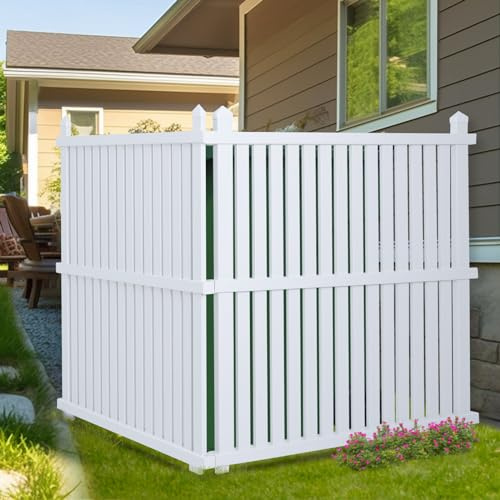 WEEDING 36W X 45H Outdoor Privacy Screen, Vinyl Air Conditioner Fence with Metal Stake, No Dig Trash Can Enclosure for Outside- 2 PVC Panels, White, Vertical, X-SPVC-4536