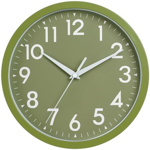 DAXSMY Wanduhr, analoge Uhr, 25,4 cm, leise, Nicht tickende Wanduhren, batteriebetrieben, dekorativ für Küche, Büro, Schlafzimmer, Badezimmer (Olivgrün)
