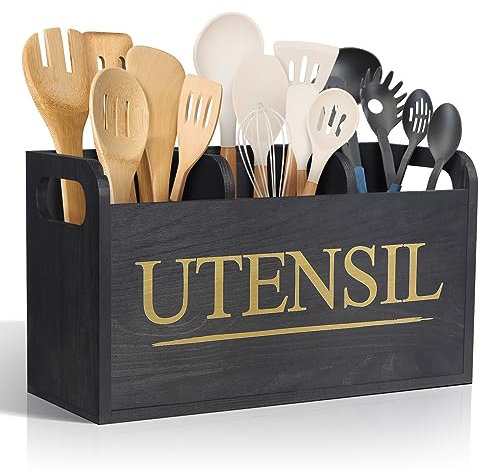 brekle Black Wooden Kitchen Utensil Holder with 3 Compartment Larger Utensil Holder for Kitchen Counter Removable Cover for Efficient Utensil Organizer and Cooking Tools Storage, KUH_05