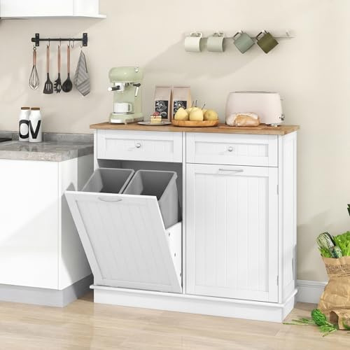 GIANTEX Armadio per Rifiuti da Cucina con Apertura a Ribalta, Mobile per Biancheria Autonomo con Piano in Legno di Gomma, Supporto per Cestino Nascosto, Ripiano Regolabile (Bianco)