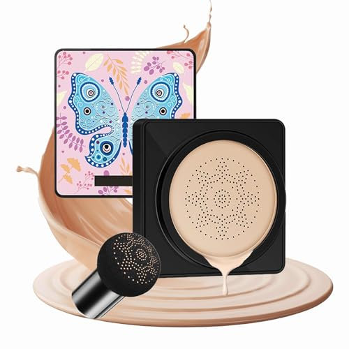 Luftkissen CC Cream mit Pilzkopf-Schwamm – Feuchtigkeitsspendende Foundation & Concealer, Aufhellend, Gleichmäßiger, BB Cream für Gesicht & Hals, Für alle Hauttypen(Natürliche)