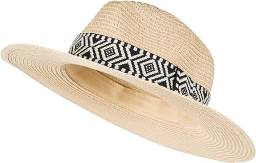 styleBREAKER Damen Panama Sonnenhut Azteken Muster | Leichtes Papierstroh, 7,5 cm breite Krempe, 12 cm Höhe, 32 cm Durchmesser, Schweißband, Zugband (59 cm Umfang), Stoffband.