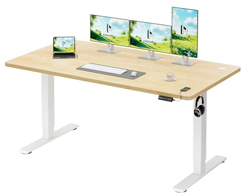 Homall Stående skrivbord 140 x 60 cm, elektriska skrivbord höjdjusterbart bord med USB-laddare, påminnelse om stillasittande livsstil, 3 minnespositioner, kabelbox och hjul, beige