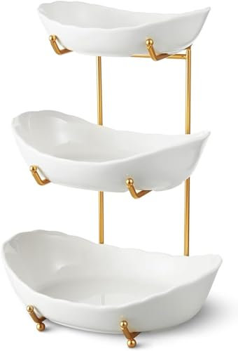 JKFGYTHG Frutero de cocina - 3 niveles de cerámica con soporte de metal para frutas y verduras cesta de frutas, aperitivos, frutos secos, pasteles, postres (Oro)