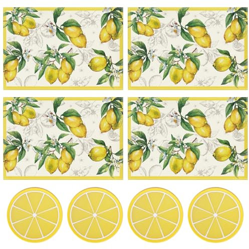 4 manteles individuales decorativos con limón, 4 posavasos de limón, tapetes de vajilla para exteriores, suministros de cocina, manteles individuales decorativos para fiestas