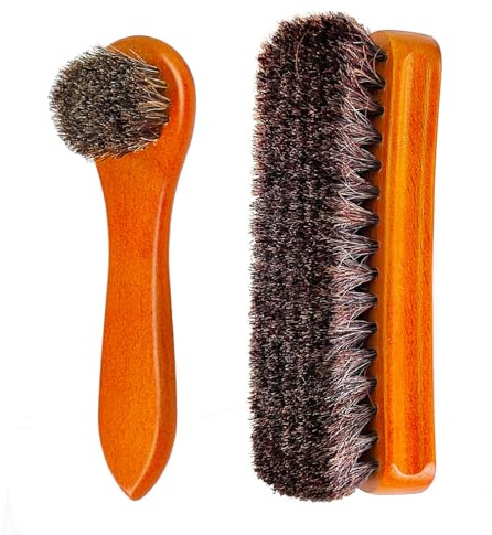VESONNY 2Pcs Horsehair Shoe Brush - Natural Bristles for Cleaning & Polishing Leather, Suede, Sneakers (Brown 3)