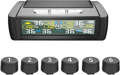 Shkalacar Système de Surveillance de la Pression des pneus à énergie Solaire,Moniteur de Pression pneus sans Fil avec 6 capteurs externes,Affichage en Temps réel de la température et de la Pression