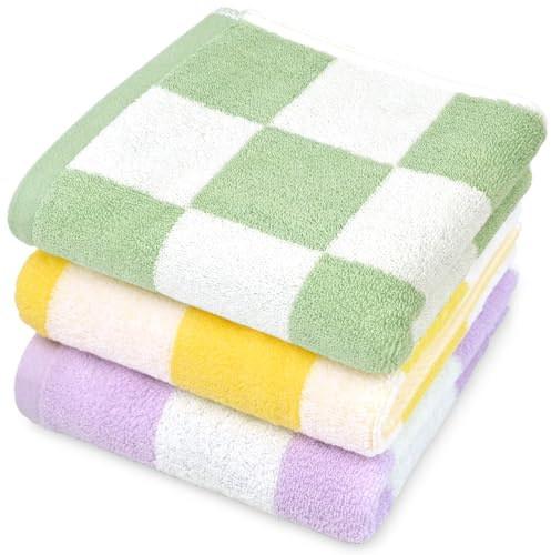 Jacquotha Toallas de mano de algodón para baño, 3 piezas, secado rápido, ligeras, suaves, para cocina, gimnasio, a cuadros, verde salvia, amarillo, lavanda, 13 x 28 pulgadas