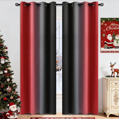 Yakamok Blackout Ombre Red and Black Curtains for Bedroom, Gradient Room Darkening Curtains, Grommet Thermal Insulated Light Blocking Window Drapes/Curtain for Living Room(2 Panels, 52 x 84 Inch)
