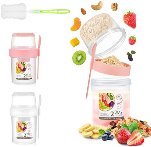 2 PCS Overnight Oats Container with Lip, Yoghurt Pots - Breakfast on the Go Containers with Mini Cup Brush- Cereal Cup - Cereal and Milk On The Go Container - Overnight Jar for Outdoor (Pink&White)