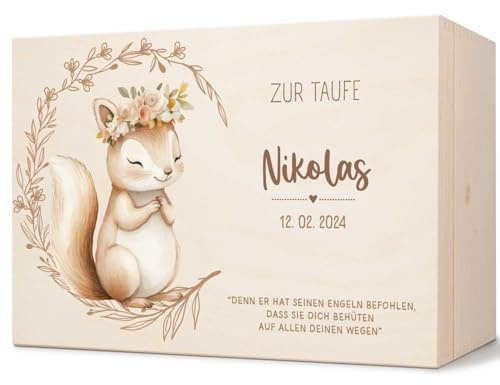 GRAVURZEILE Bedruckte Erinnerungskiste - Tiere Taufe - Personalisiert mit Name & Datum - Erinnerungsbox für Mädchen & Jungen - Geschenk zur Kommunion, Konfirmation & Taufe - Farbe: Eichhörnchen