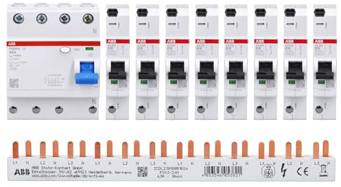 ABB FlexLine Set: 8x SX201-B16 LS-Schalter B16, FI-Schalter & Schiene | Fehlerstromschutzschalter Typ A 40A 30mA, 1-polig + N, mit PSX3/24N Phasenschiene für schnelle Push-in Installation