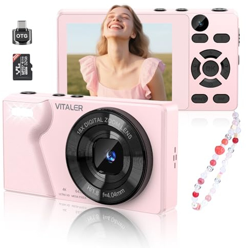 Appareil Photo Numérique 64MP Appareil Photo Compact 4K avec Double Objectif, Écran LCD 2,8, Adaptateur OTG, Carte Mémoire Micro 32Go, Zoom Numérique 18X, pour Adolescents, Débutants(Rose)