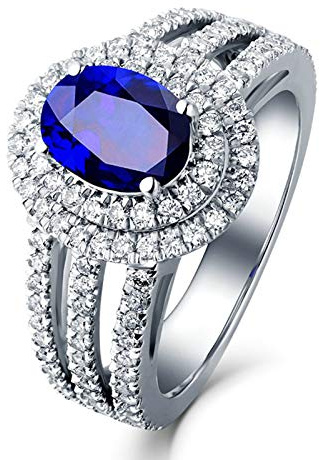 Stfery 18 Karat Weißgold Ring Damen, Verlobungsring mit Saphir in Ovalschliff, Diamantring Echter Schmuck, Gr.58 (18.5)