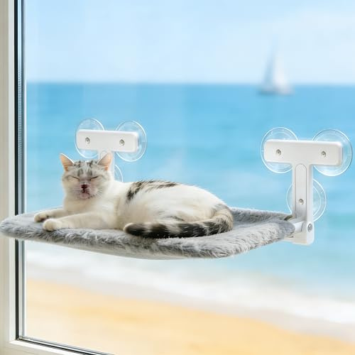 Katzen Hängematte Fensterliege mit 6 Starken Saugnäpfen,Faltbares Katzen Fensterbett, 52x30cm Grau – Stabil bis 20kg, Abnehmbar & Waschbar