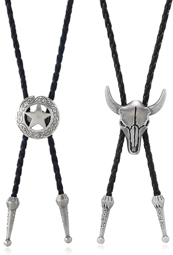 FIGCY Cowboy-Halskette/Bolo-Tie – Lederband-Krawatte im Western-Stil mit Stiefelschnürsenkel-Optik – Retro-Modeaccessoire mit Rinderschädel-Motiv – Geschenk für Ehemann oder Vater