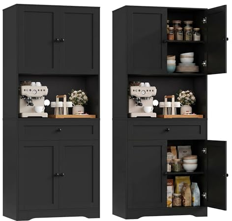 FOREHILL Kitchen Cupboard 180cm Tall Kitchen Cabinet Sideboard Storage Cabinet with Large Countertop, Adjustable Shelves, 1 Drawers 75x40x180cm Black