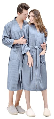 IQYU Ensemble de Peignoirs - Peignoir Femme en Frottee Sans Capuche - Peignoir Homme Léger en Coton avec Ceinture Peignoir pour Sauna en Piqué à Carreaux Écharpe Col Roulé Peignoir Doux Unisexe en
