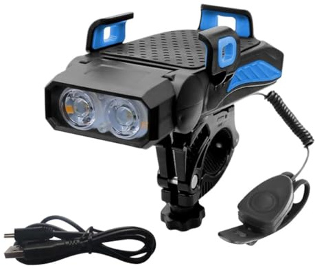 Micmetago Notkraft Smart 4-in-1 Handyhalterung Fahrrad mit Licht, Hupe & Powerbank – Wasserdicht, Universal Lenkerhalterung für iPhone & Android (Blau Doppellampe)