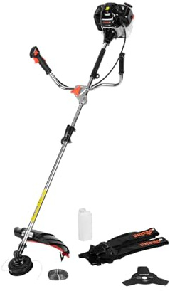 Dnipro-M Desbrozadora de Gasolina 42,7 CC, Motor 2 Tiempos 8500 RPM, Hilo de Corte 400 mm y Cuchilla 3T 255 mm, Depósito 1,2 L, Manillar Tipo Bicicleta, Arnés, Modelo 43S