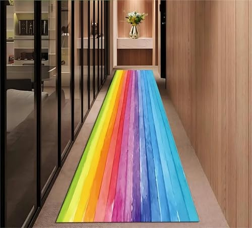 USHIRUG Bunter Teppich Läufer, 100x300cm, Rot-Blauer Regenbogen-Läufer Teppich für Den Innenbereich, Wunderschöner, Weicher, Waschbarer Abstrakter Teppichs für Eingangsbereiche, Büros, Wohnzimmer