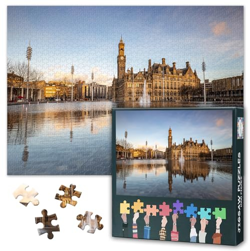 Jigsaw Puzzle 1000 Pieces for Adults Bradford West Yorkshire Skyline Panoramic Cityscape Daytime Downtown Wall Art Decor Modern Home Living Room Bedroom Gift 27.5x19.7 Inch
