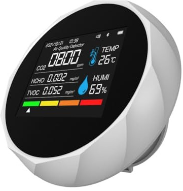 Gettimore Détecteur 6 en 1 de qualité de l'air avec détection de température et d'humidité TVOC, alertes à code couleur et alarme sonore, connectivité smartphone, stockage de données 1440, noir ou