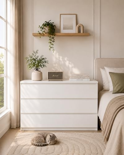 Soayone Kommode Weiß mit 3 Schubladen 100 cm Breite Komodenschrank Schubladenschrank Sideboard Schmale Kommode Kommode mit Schubladen für Schlafzimmer Wohnzimmer Flur Büro 100x40x75 cm