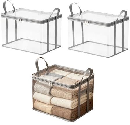 3 confezioni di sacchetti di stoccaggio in PVC trasparente con manici a cerniera, contenitori di stoccaggio in plastica spessa e resistente per vestiti, coperte, giocattoli, organizer pieghevole per