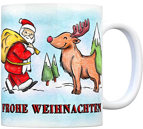trendaffe Kaffeebecher mit Weihnachtsmann Rentier Lebkuchen Schneemann Motiv und Spruch: Frohe Weihnachten