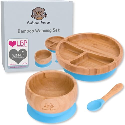 Bubba Bear™ Baby Set mit Saugnapf-Schüssel, Standfeste Saug-Fütter-Teller und Löffel für Babys & Kleinkinder – kostenloses E-Book: der Bubba-Bear-Entwöhnungsguide – aus natürlichem bambus