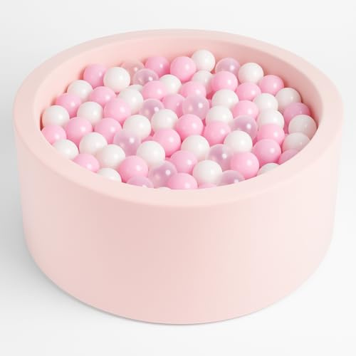 Angelove Piscina di Palline Ø 90 × 30 cm con 200 Palline - Piscina Rotonda in Schiuma con Rivestimento Rimovibile, Rosa Chiaro: Bianco/Rosa Pastello/Trasparente