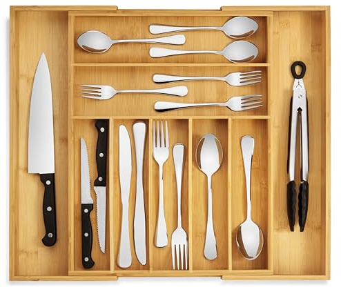 Purawood Bamboo Drawer Organizer - Expandable Silverware Organizer & Utensil Drawer Organizer, Cutlery Tray with Dividers, 7-9 Slots- Kitchen Organizer for Utensils & Flatware (Natural)