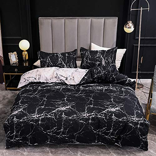 Boqingzhu Marmor Muster Bettwäsche 200x200 cm Schwarz Weiß Bettwäsche Set 3 Teilig Microfaser Wendebettwäsche Bettbezug und 2 Kissenbezüge 80×80cm mit Reißverschluss