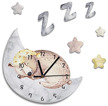 SWECOMZE Kinder-Wanduhr,Cartoon niedliche Kindergarten Wanddekoration Wanduhr,Uhr ohne Tickgeräusche, Lautlos Uhrwerk, Kinderuhr, Wanddeko für Kinderzimmer, Wanddeko Deko Jungs Mädchen (Bär)